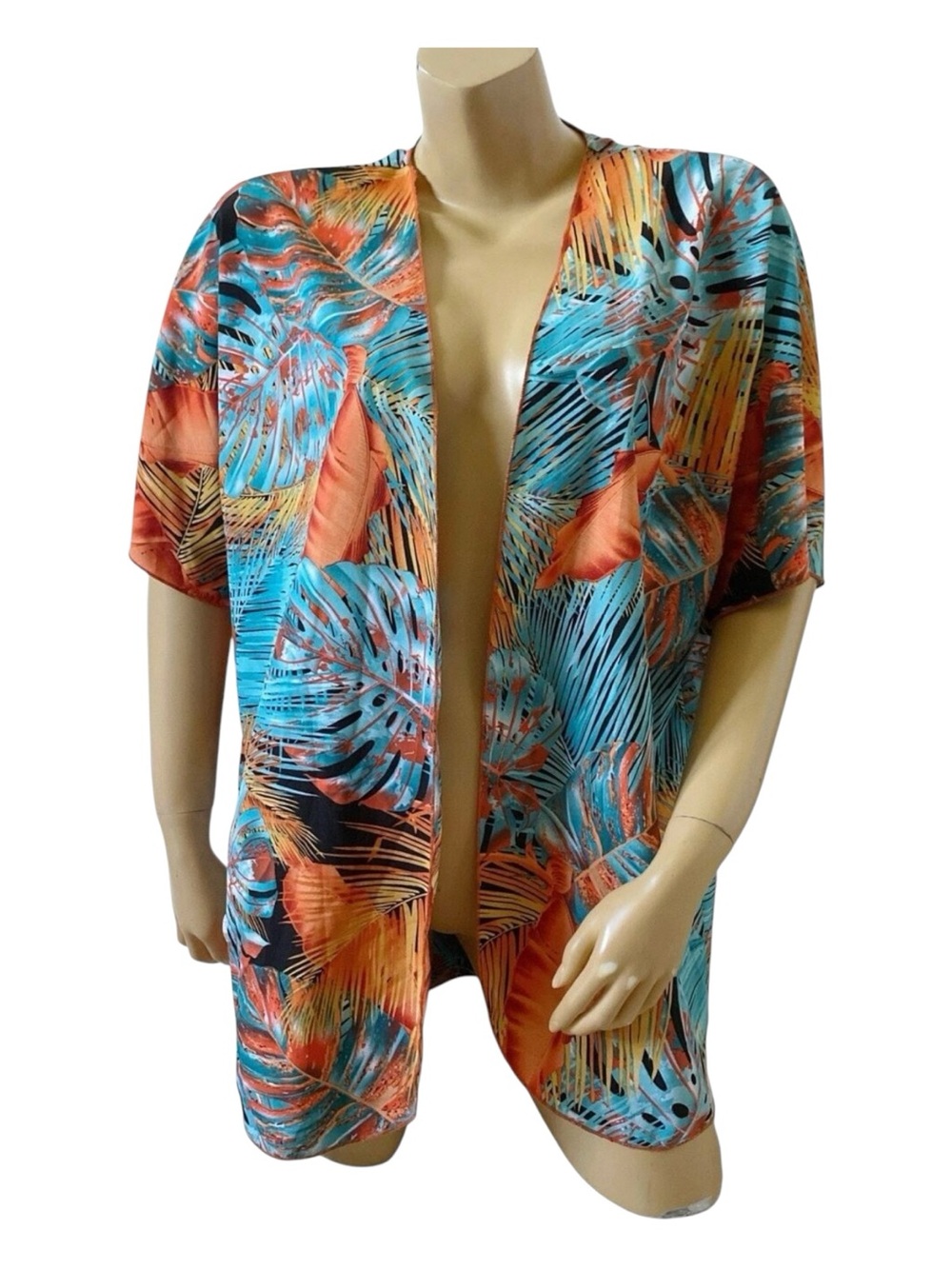 Shein Kimono Top Womens Large Tropical Floral Open Front Tunic Short Sleeve